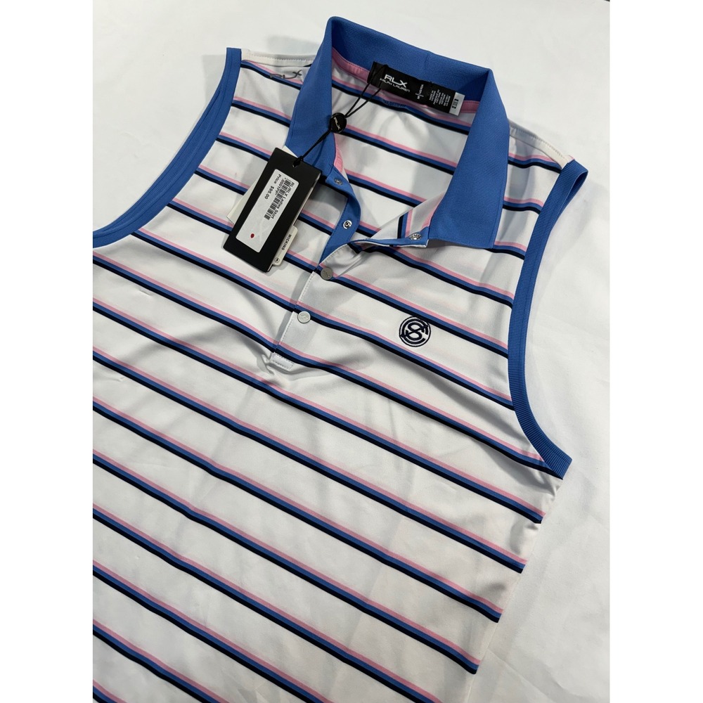 RLX Ralph Lauren Womens Sleeveless Golf Polo Shirt Striped White Blue Pink M NWT
